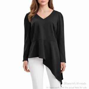 Melanie Lyne XL Black Asymmetrical Drape Blouse Pearl Button Sleeves